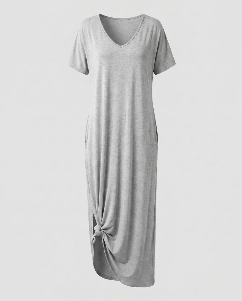 Damen Bequeme Markanter Knoten-Saum MischgewNord Taschene Maxikleid
