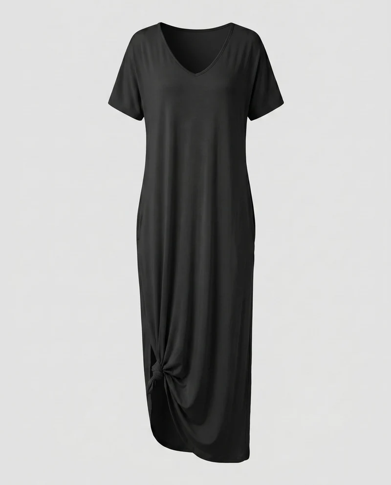 Damen Bequeme Markanter Knoten-Saum MischgewNord Taschene Maxikleid
