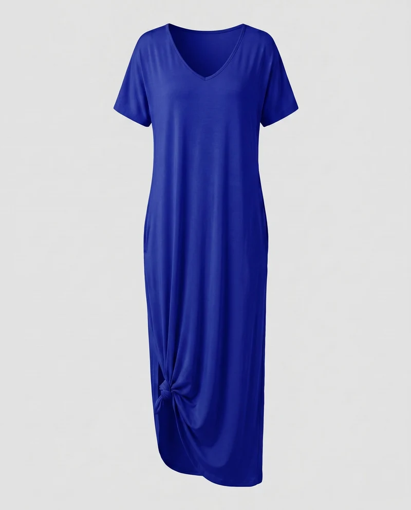 Damen Bequeme Markanter Knoten-Saum MischgewNord Taschene Maxikleid