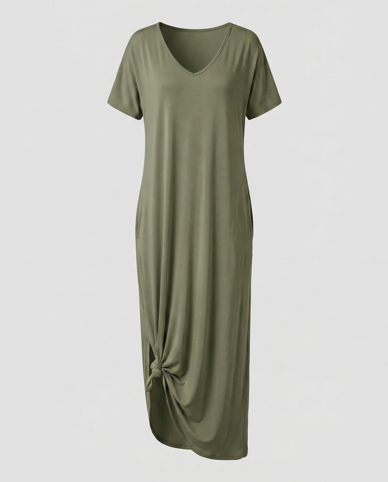 Damen Bequeme Markanter Knoten-Saum MischgewNord Taschene Maxikleid