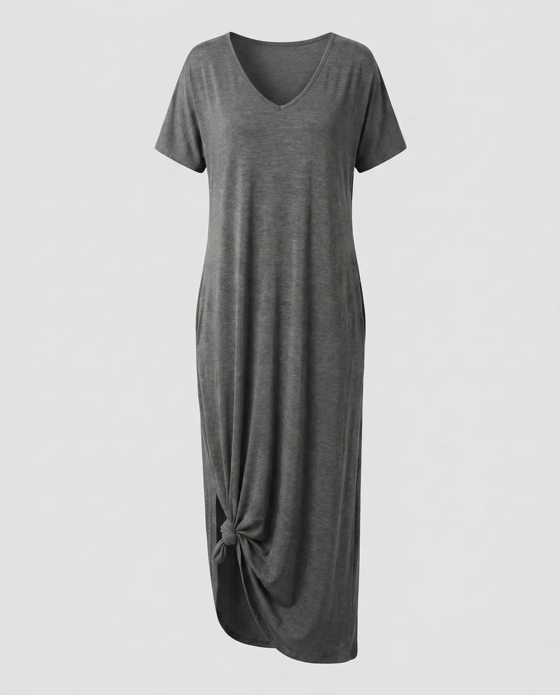 Damen Bequeme Markanter Knoten-Saum MischgewNord Taschene Maxikleid