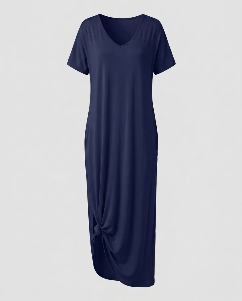 Damen Bequeme Markanter Knoten-Saum MischgewNord Taschene Maxikleid