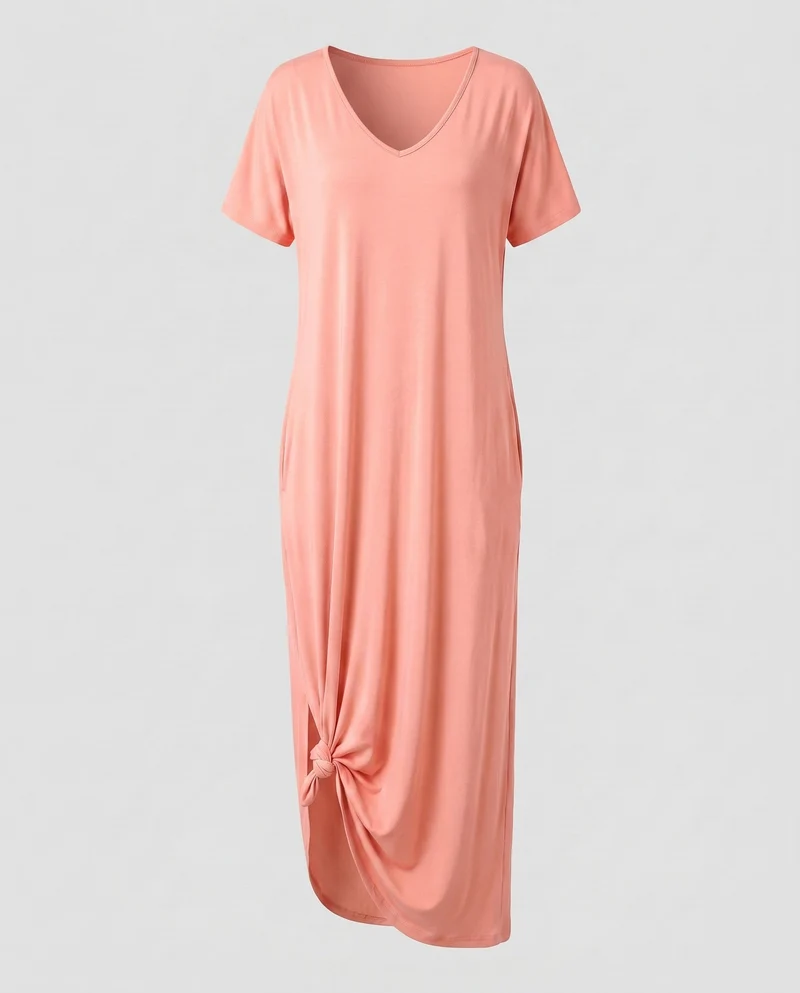 Damen Bequeme Markanter Knoten-Saum MischgewNord Taschene Maxikleid