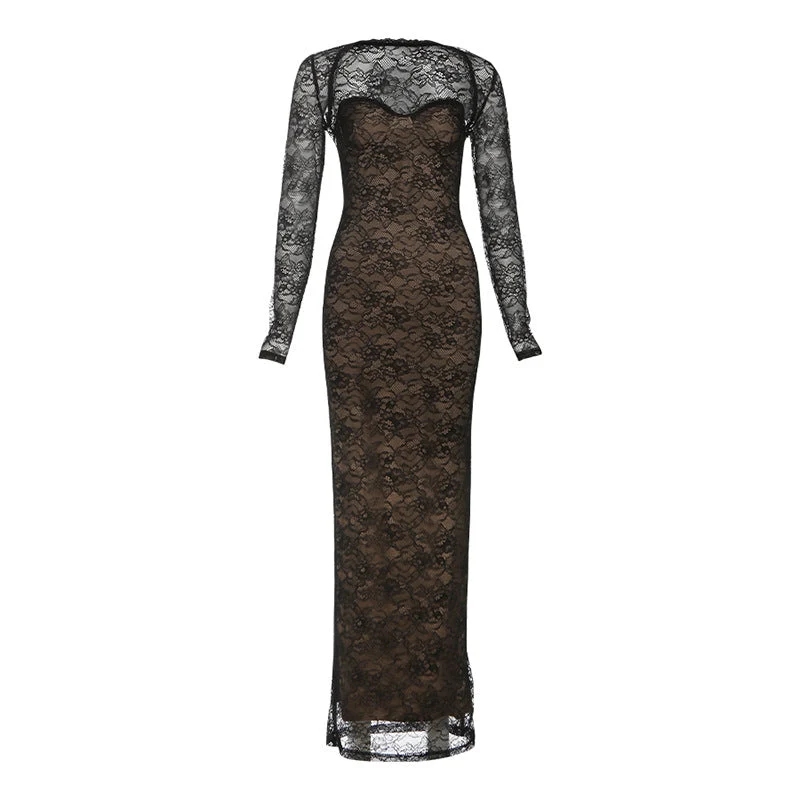 Damen Elegantes langes Spitzenkleid mit herzförmigem Ausschnitt und figurbetonendem Schnitt