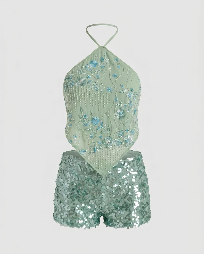 Damen Edles Crop-Top mit floralem Stickdesign und glitzernden Details