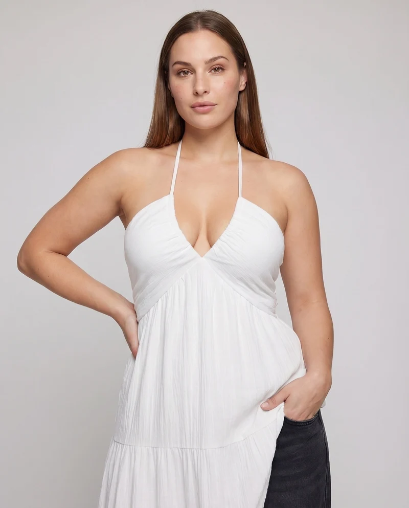 Damen Neckholder-Maxikleid Stufenrock V-Ausschnitt Luftig