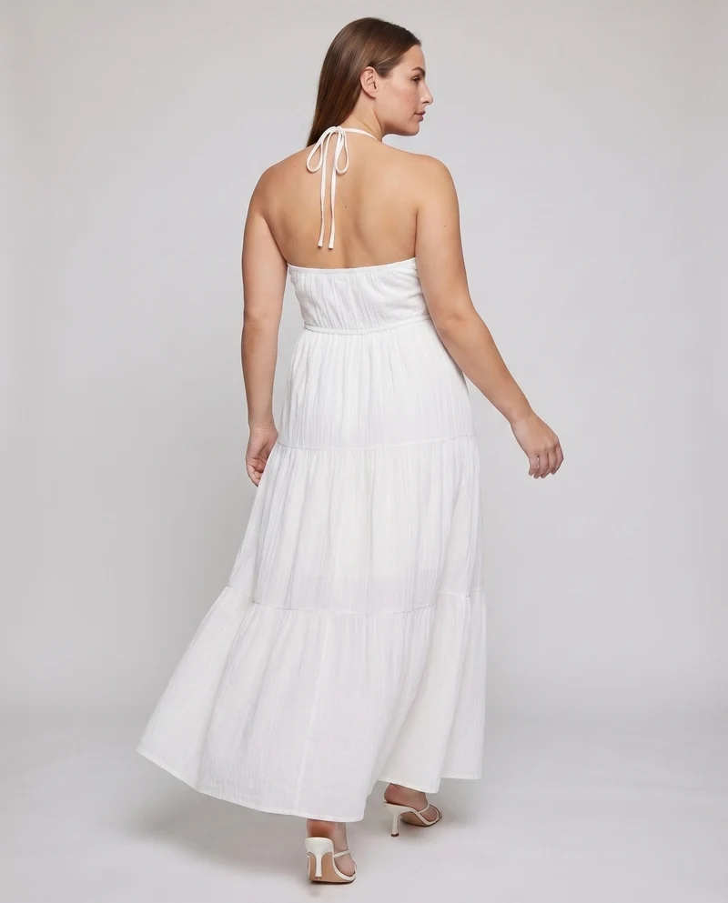 Damen Neckholder-Maxikleid Stufenrock V-Ausschnitt Luftig