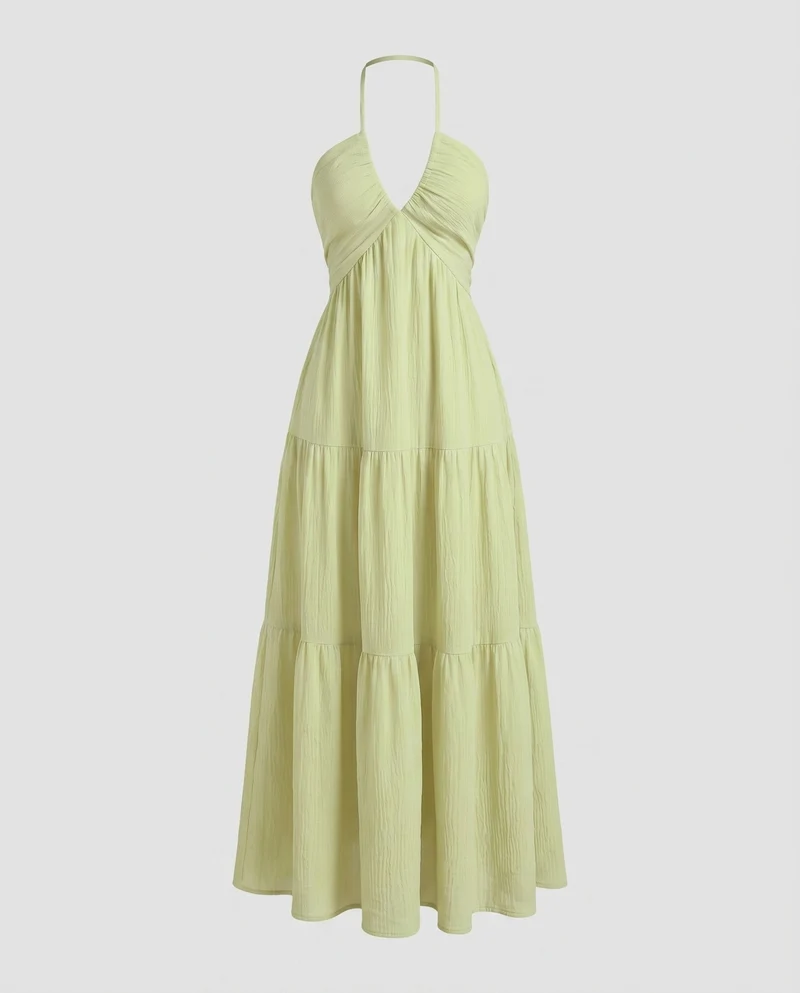 Damen Neckholder-Maxikleid Stufenrock V-Ausschnitt Luftig