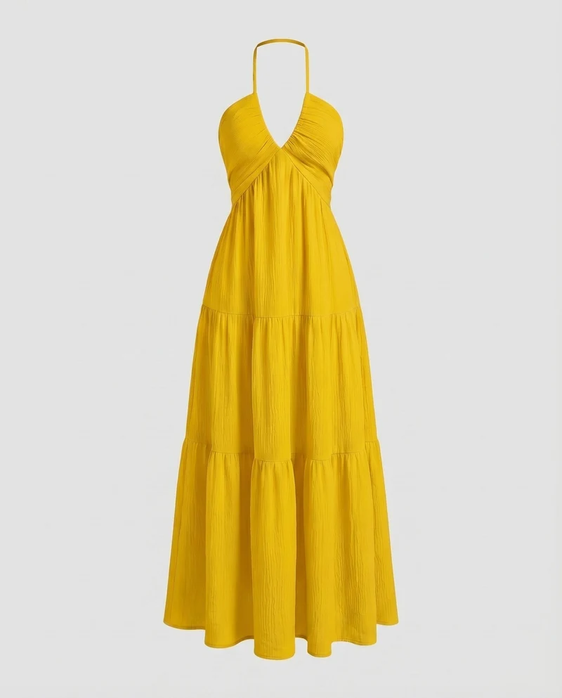 Damen Neckholder-Maxikleid Stufenrock V-Ausschnitt Luftig