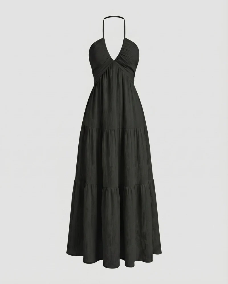 Damen Neckholder-Maxikleid Stufenrock V-Ausschnitt Luftig