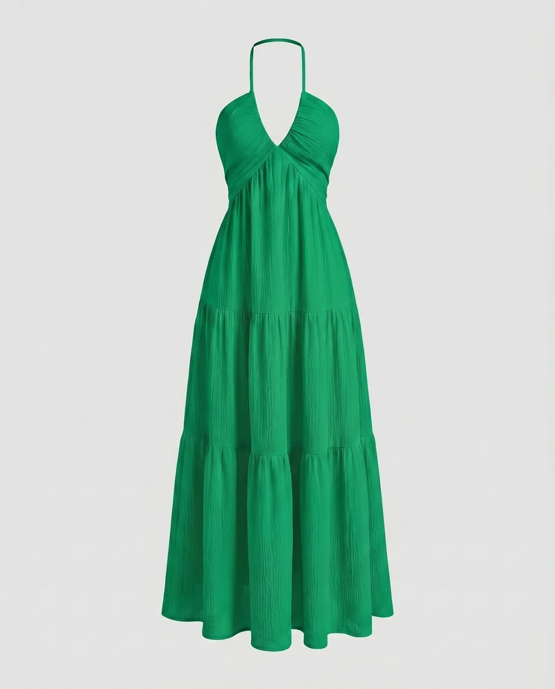 Damen Neckholder-Maxikleid Stufenrock V-Ausschnitt Luftig