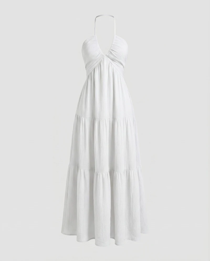 Damen Neckholder-Maxikleid Stufenrock V-Ausschnitt Luftig