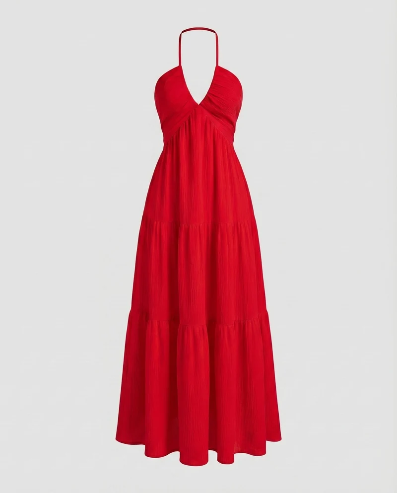 Damen Neckholder-Maxikleid Stufenrock V-Ausschnitt Luftig