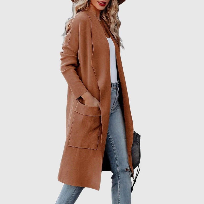 Damen Casual Lange Cardigan mit Taschen und Offener Vorderseite