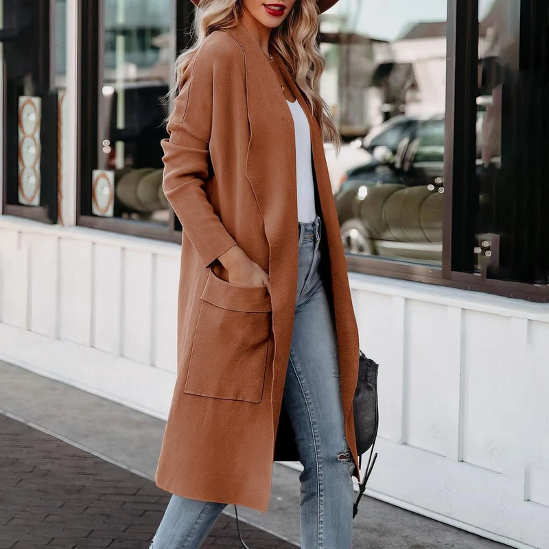 Damen Casual Lange Cardigan mit Taschen und Offener Vorderseite