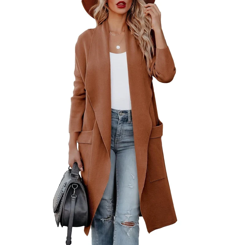 Damen Casual Lange Cardigan mit Taschen und Offener Vorderseite