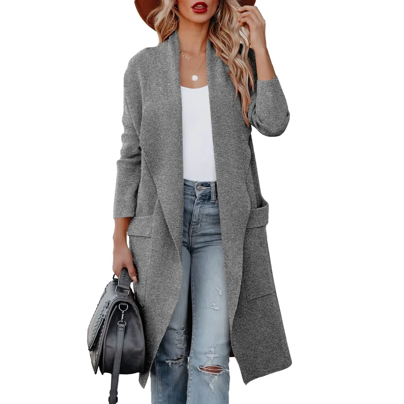 Damen Casual Lange Cardigan mit Taschen und Offener Vorderseite