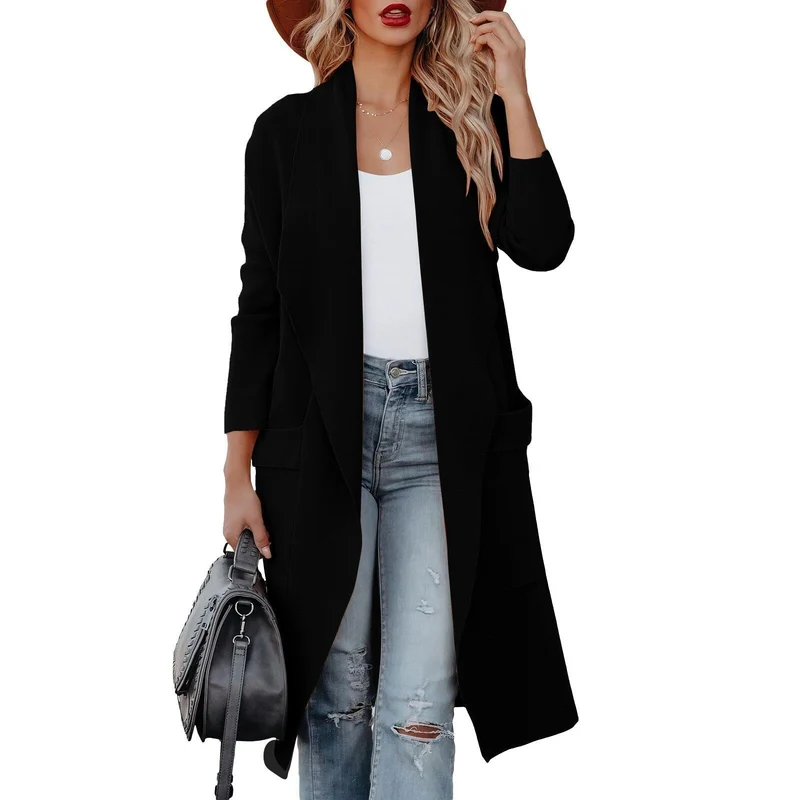 Damen Casual Lange Cardigan mit Taschen und Offener Vorderseite