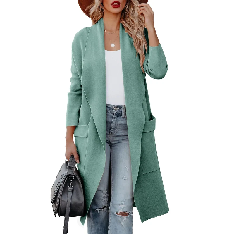 Damen Casual Lange Cardigan mit Taschen und Offener Vorderseite