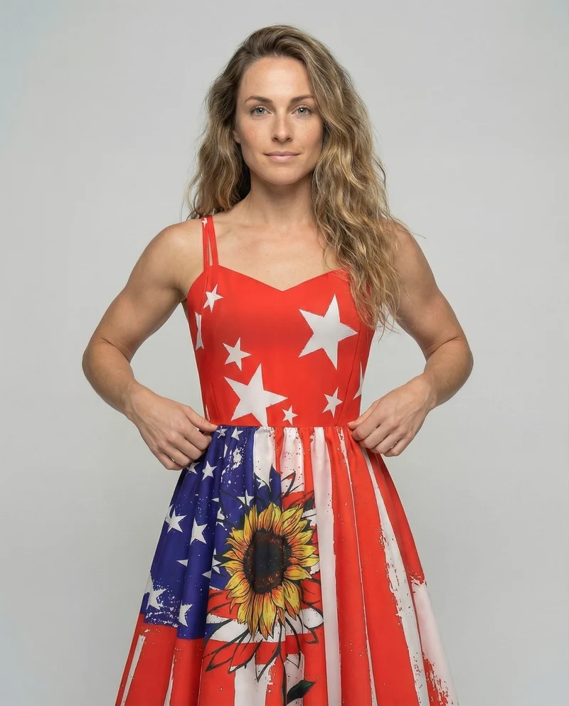 Damen Vintage-Swingkleid mit Flaggen-Sonnenblumenprint