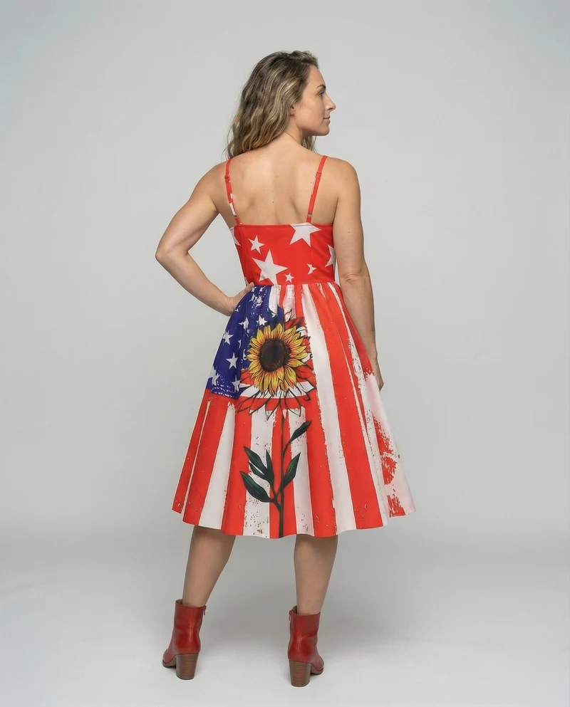 Damen Vintage-Swingkleid mit Flaggen-Sonnenblumenprint