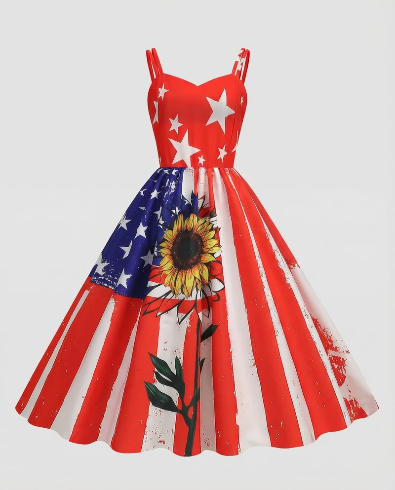 Damen Vintage-Swingkleid mit Flaggen-Sonnenblumenprint