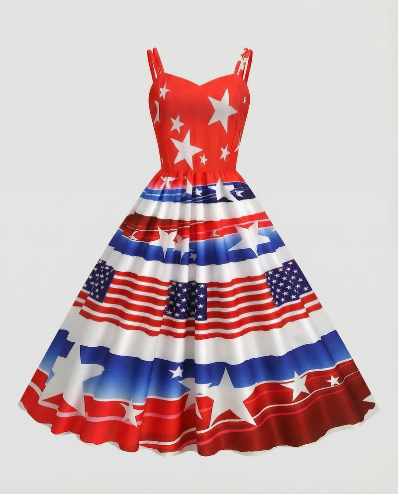 Damen Vintage-Swingkleid mit Flaggen-Sonnenblumenprint