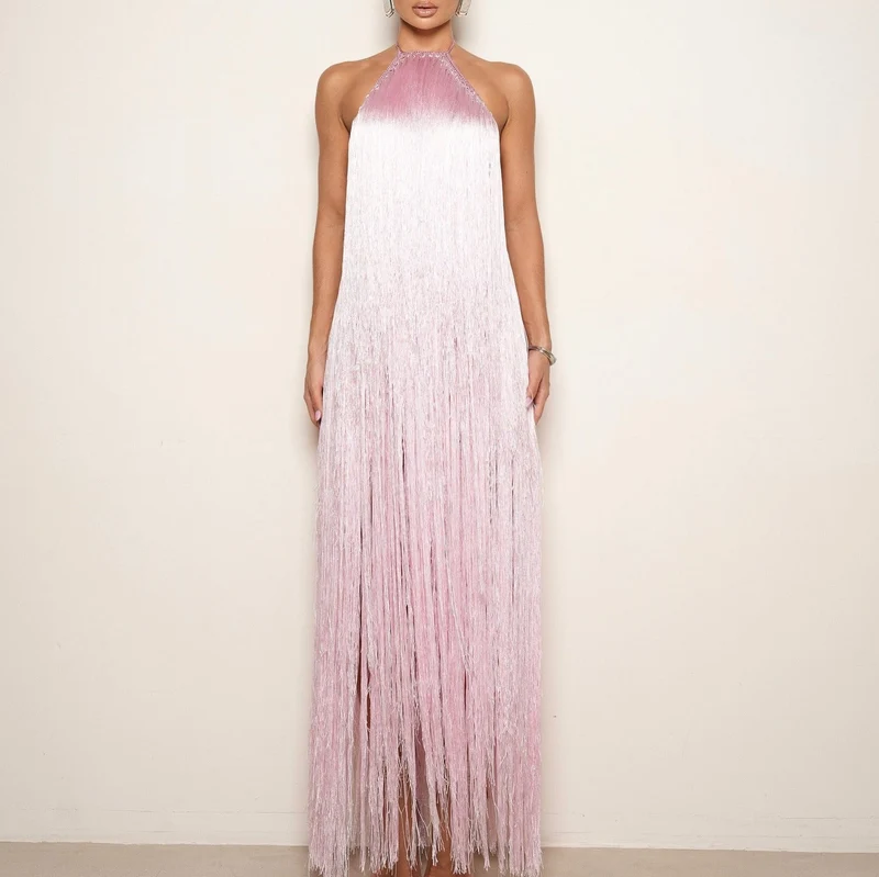Damen Fransen Maxikleid mit hochgeschlossenem Design und schimmernden Effekten