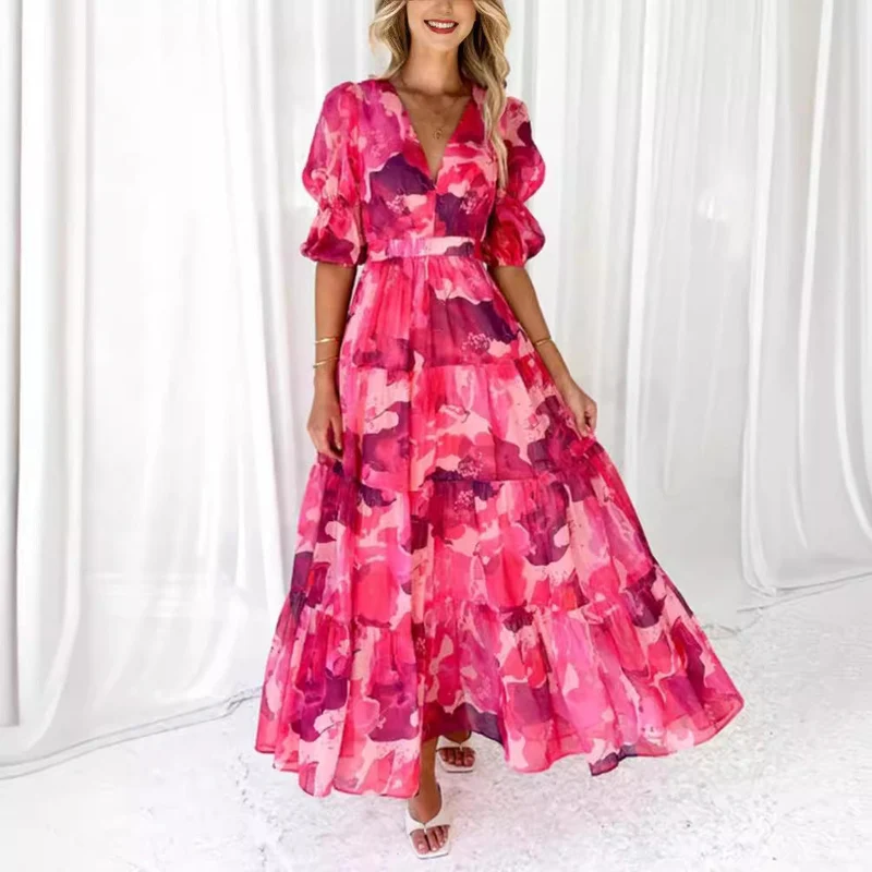 Damen nan mehrlagiges Maxikleid im Volant‑Stufenlook mit V‑Ausschnitt und geraffter Empire‑Taille