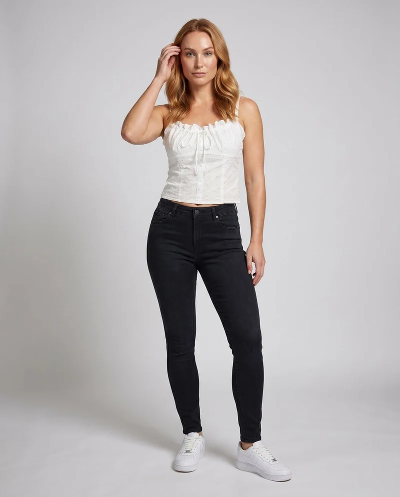 Damen nan tailliertes Mieder-Cami mit Broderie-Anglaise, Zierknopfleiste und BindNord Taschenand