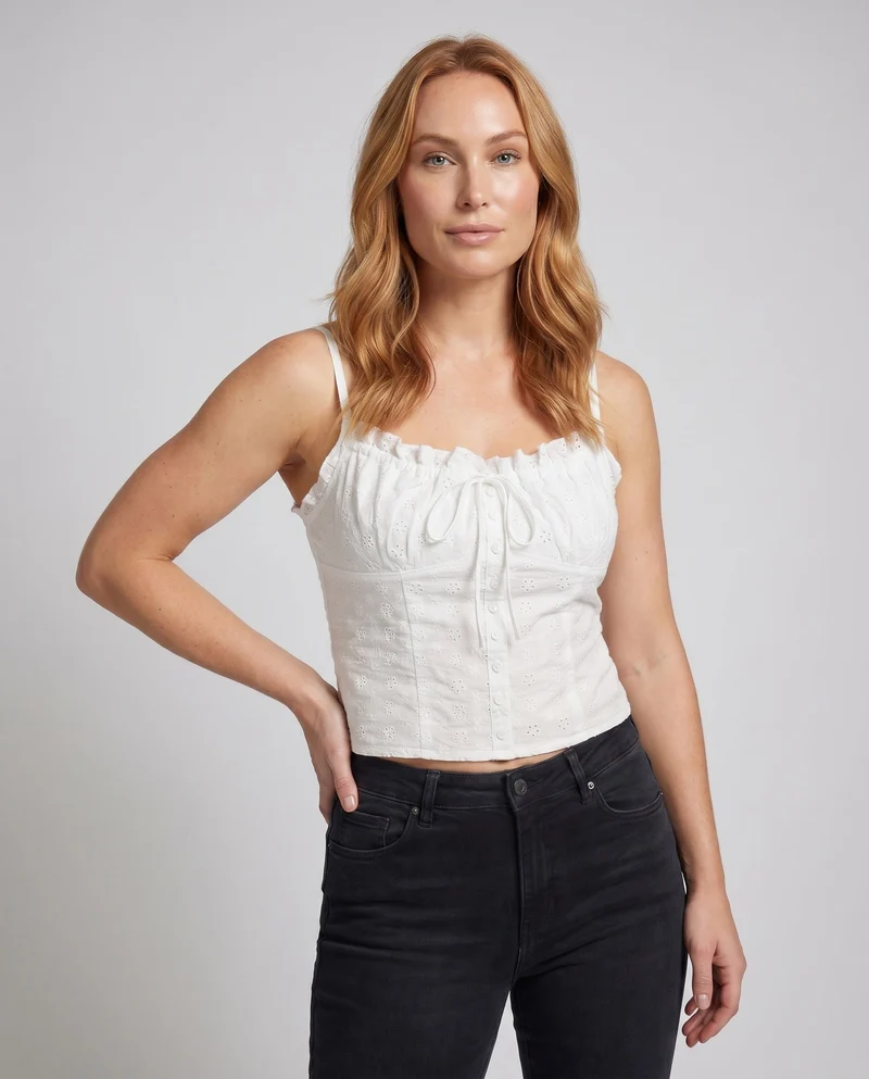 Damen nan tailliertes Mieder-Cami mit Broderie-Anglaise, Zierknopfleiste und BindNord Taschenand