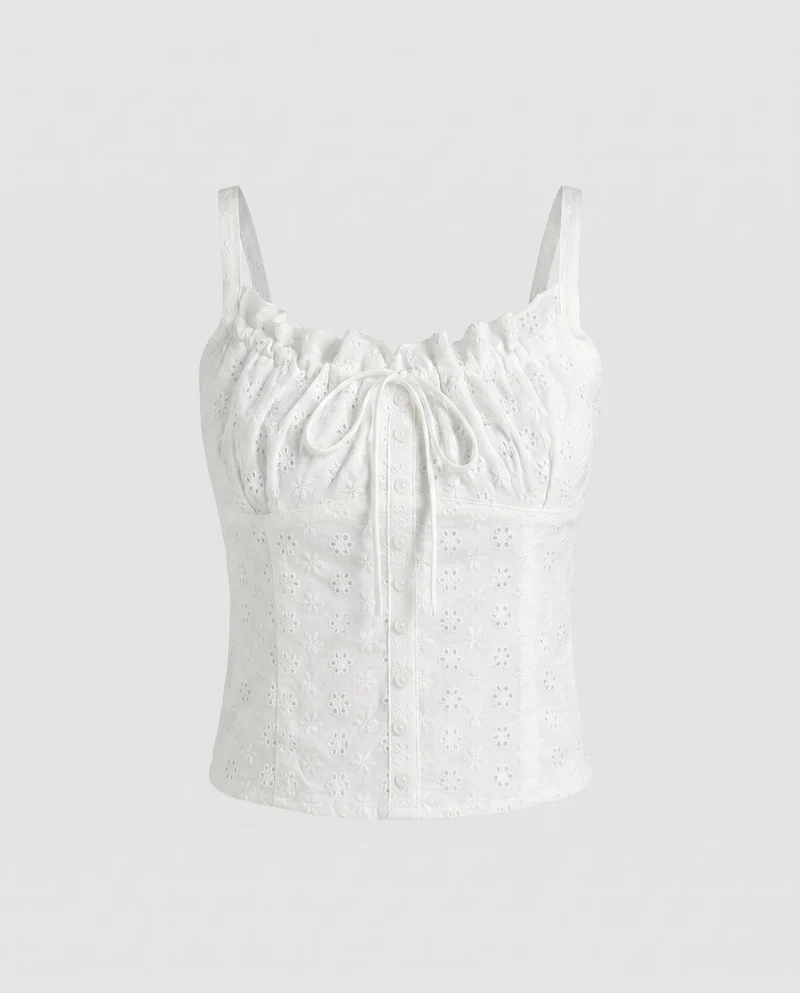 Damen nan tailliertes Mieder-Cami mit Broderie-Anglaise, Zierknopfleiste und BindNord Taschenand