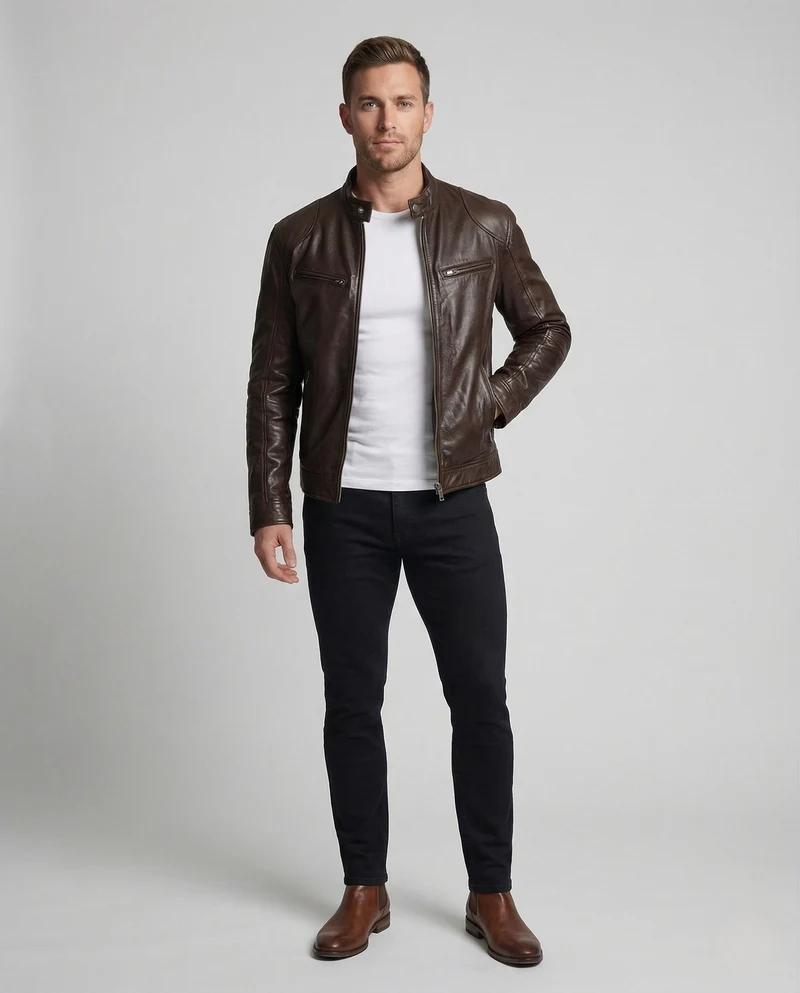 Herren Lederjacke Bikerstil Stehkragen