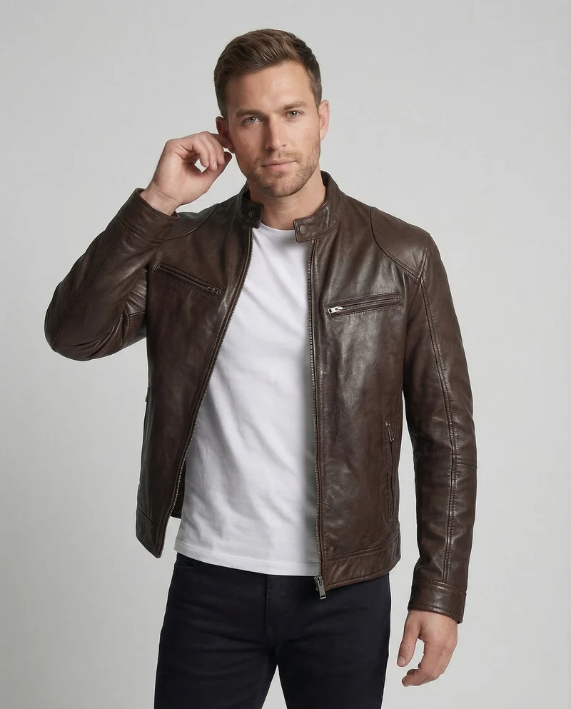 Herren Lederjacke Bikerstil Stehkragen