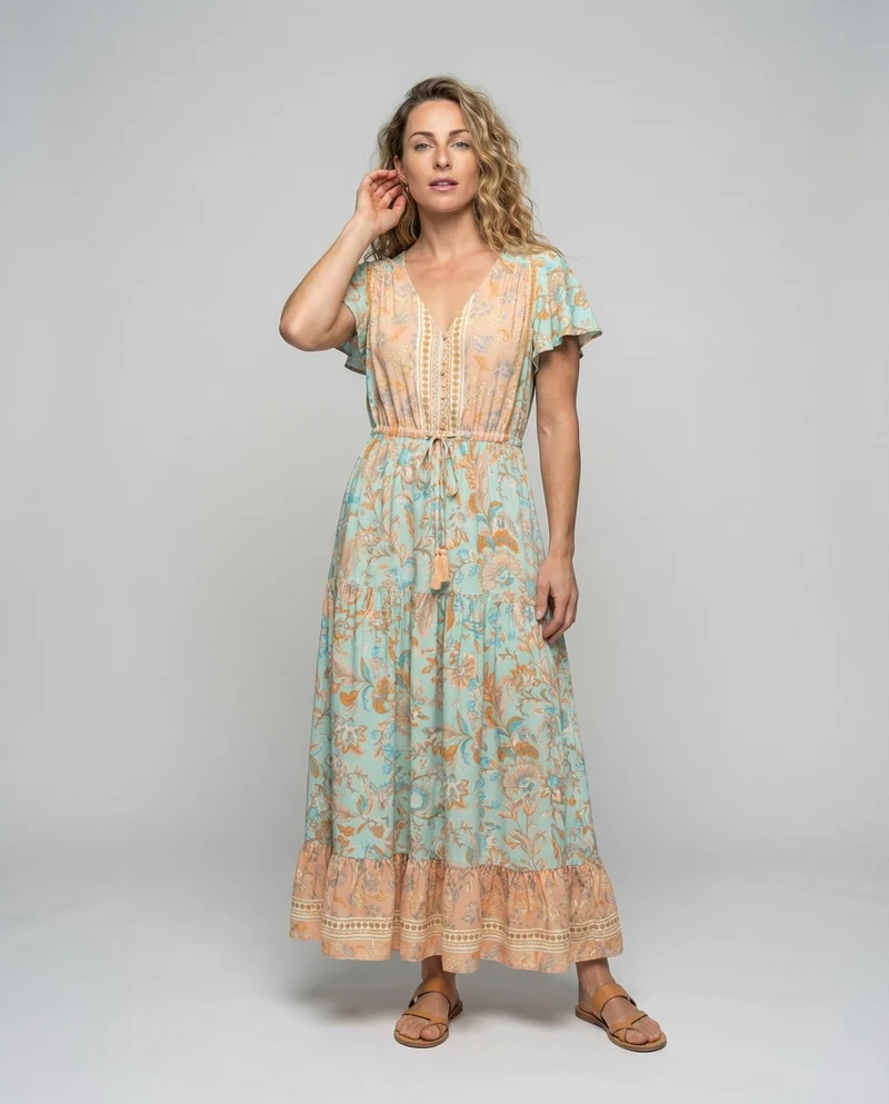 Damen schlichtes Boho-Maxikleid mit Häkelbordüre
