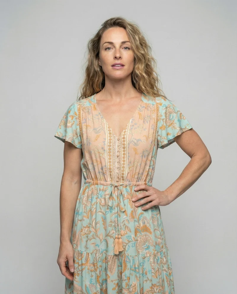 Damen schlichtes Boho-Maxikleid mit Häkelbordüre