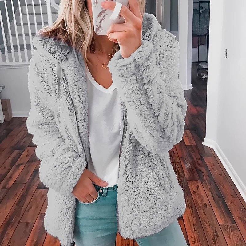 Lässige Teddy-Fleece-Hoodie-Jacke für Frauen