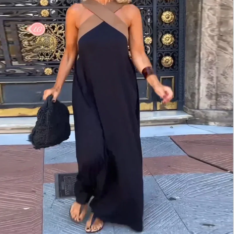 Kreuzförmig Rückenfreies Elegantes Kleid mit Kontrastfarbe