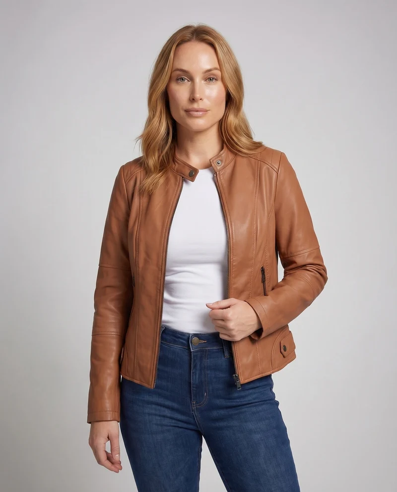 Damen Kunstlederjacke Tailliert Stehkragen Reißverschlusstaschen