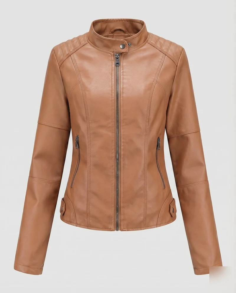 Damen Kunstlederjacke Tailliert Stehkragen Reißverschlusstaschen