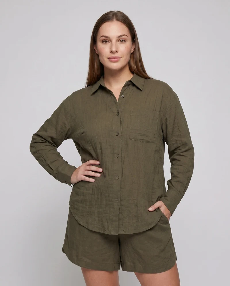 Damen lässige Leinenbluse mit klassischem Kragen und lockerer Passform