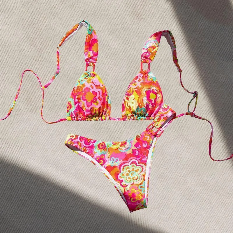 Damen Dreieck-Bikini mit verstellbaren Trägern und auffälligem Blumenmuster Nord Taschen
