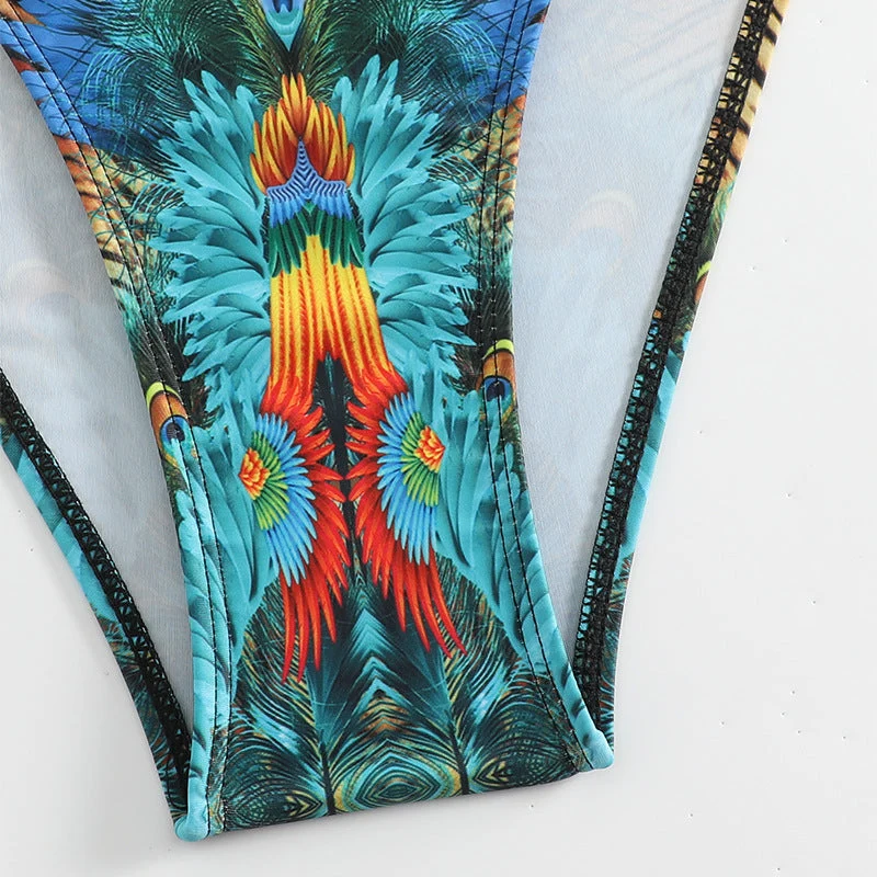 Damen Push-Up Bikini-Set mit exotischem Pfauenmuster und eleganten Schmuckdetails Nord Taschen