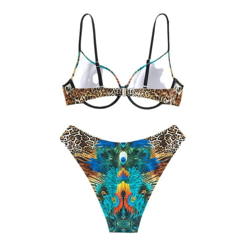 Damen Push-Up Bikini-Set mit exotischem Pfauenmuster und eleganten Schmuckdetails Nord Taschen