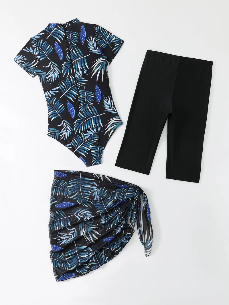 Damen Sportlicher Einteiler Badeanzug mit ergänzenden Leggings und Wickelrock