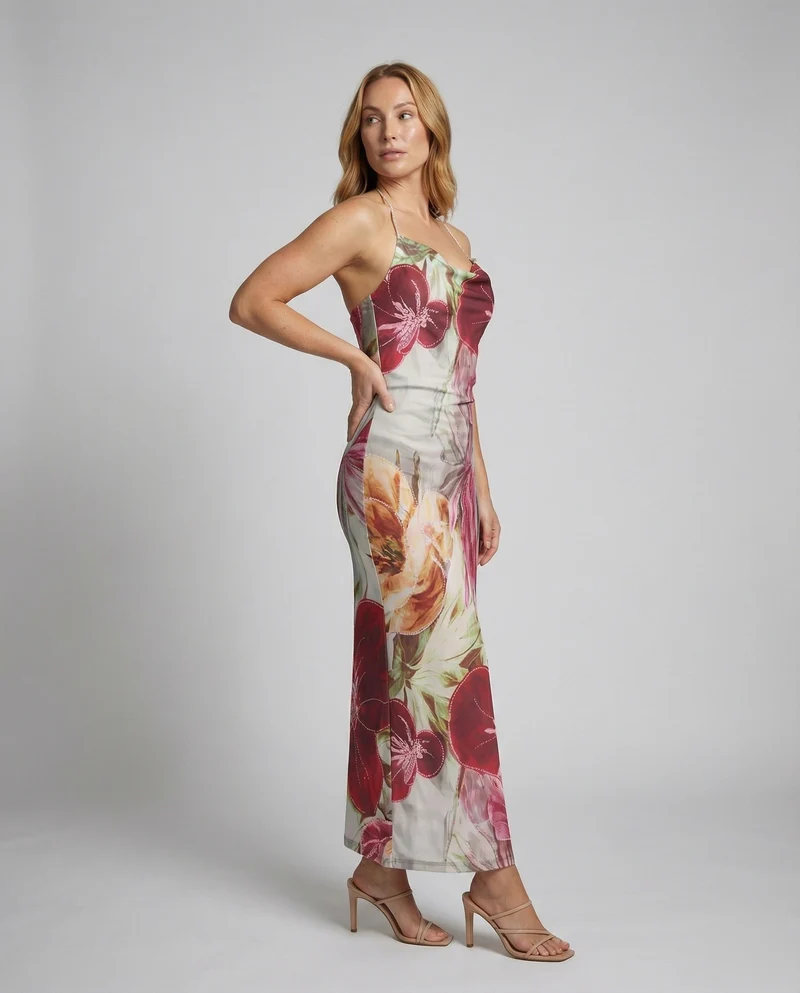 Damen Bias-Maxikleid mit Aquarelldruck