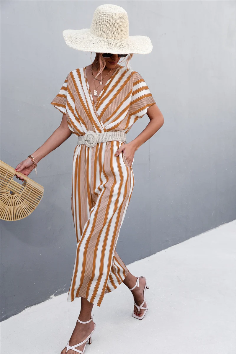 Damen eleganter Jumpsuit mit V-Ausschnitt, breiten Ärmeln und anisstreifendem Design