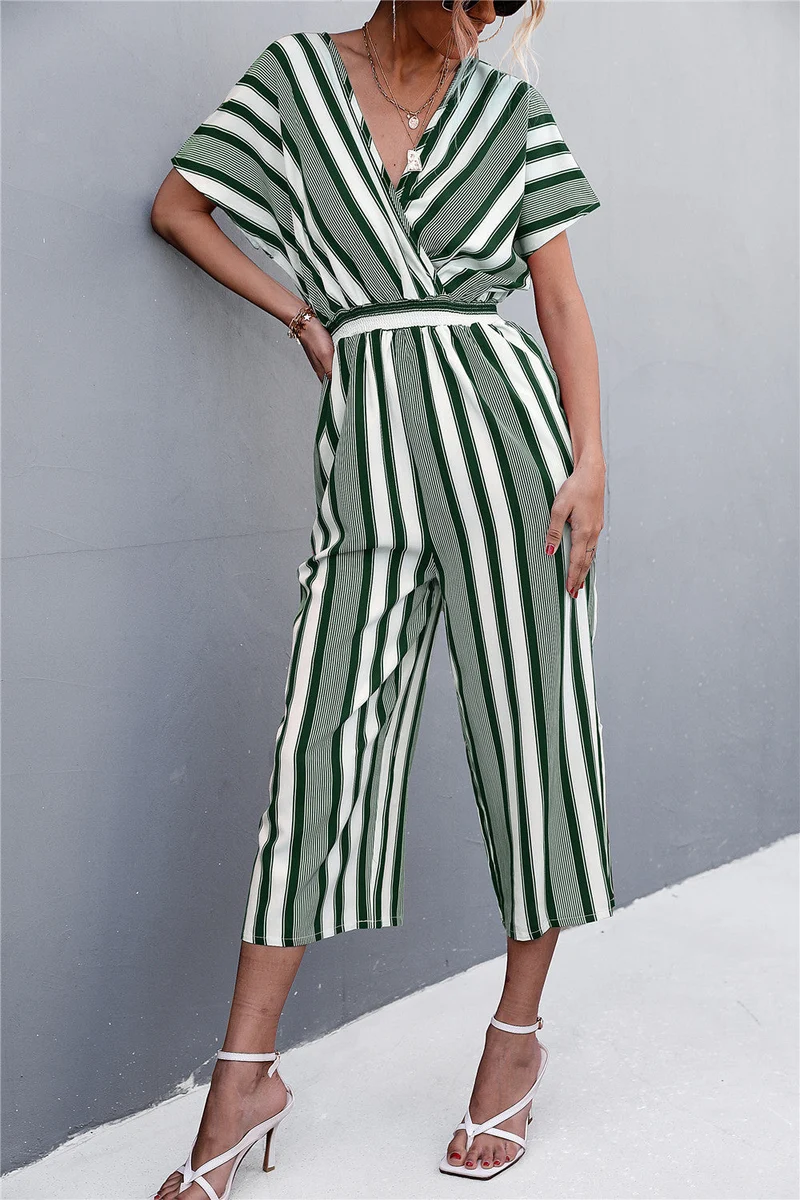 Damen eleganter Jumpsuit mit V-Ausschnitt, breiten Ärmeln und anisstreifendem Design