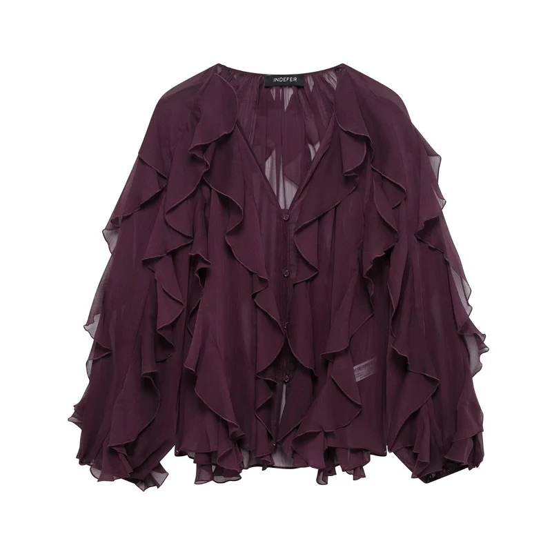 Damen nan feminine Chiffon-Volantbluse mit Ballonärmeln und V-Ausschnitt