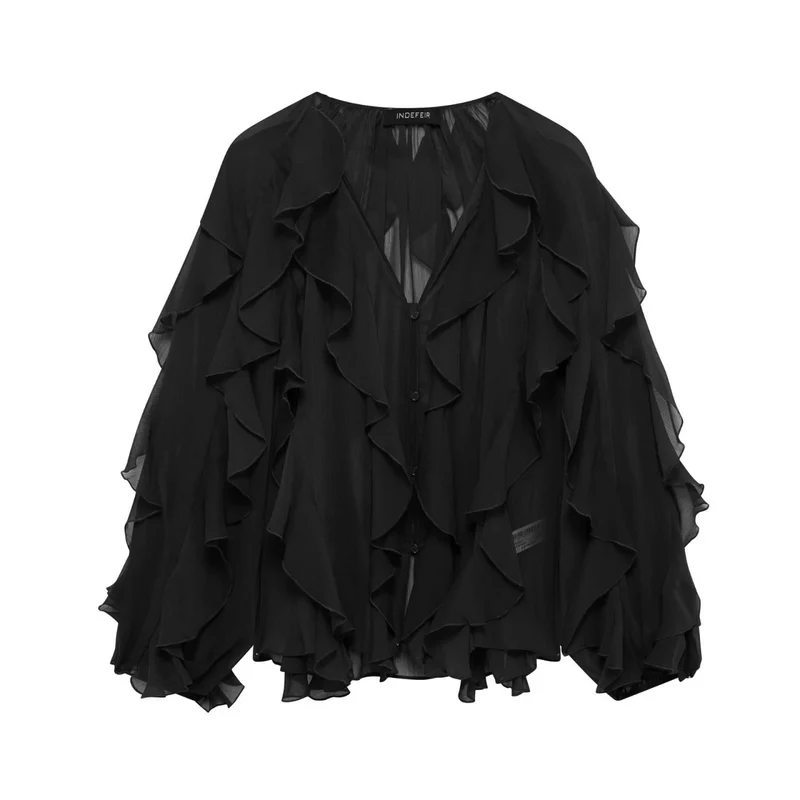 Damen nan feminine Chiffon-Volantbluse mit Ballonärmeln und V-Ausschnitt